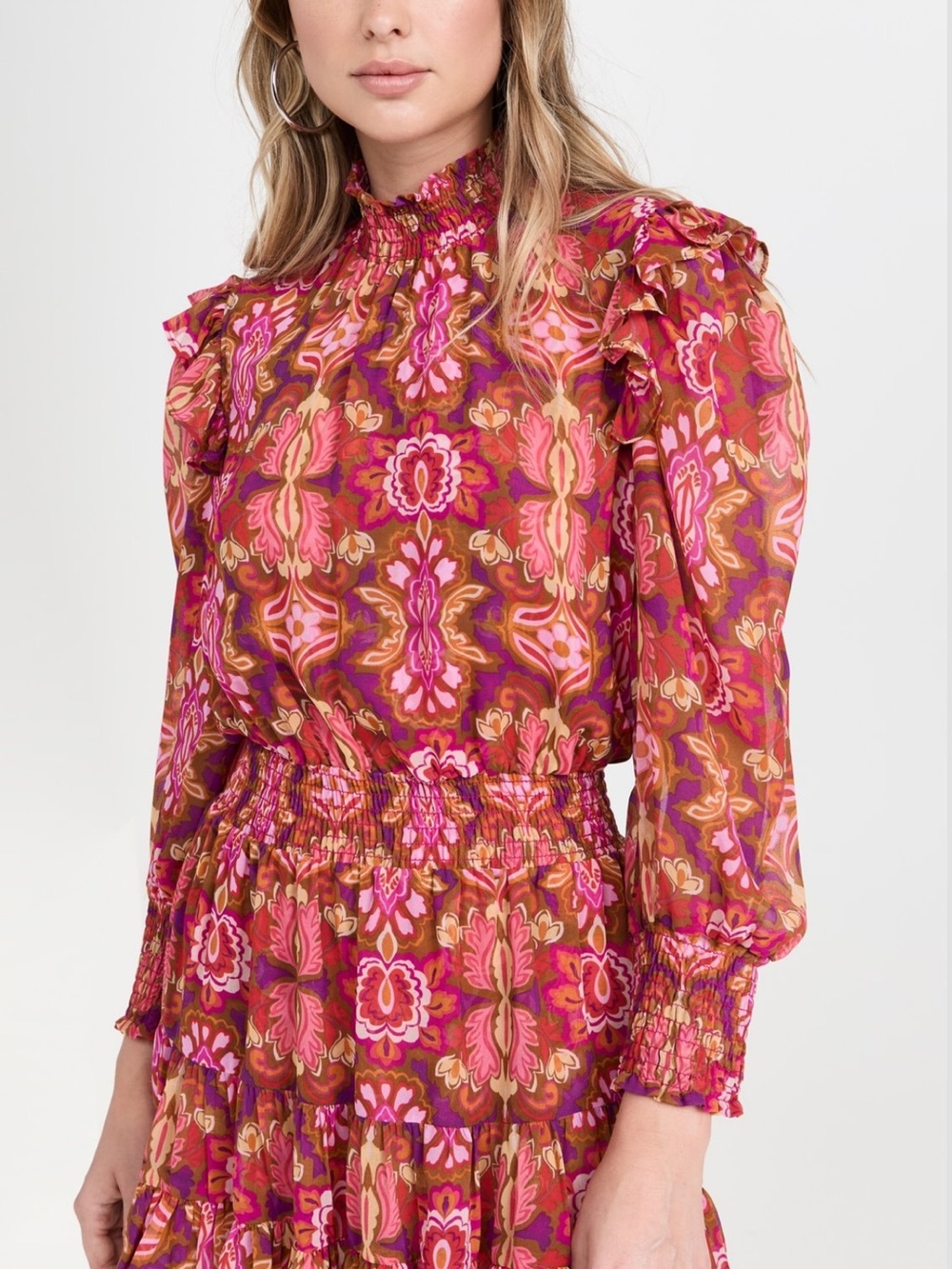 Misa Los Angeles Pink & Brown Floral Ruffle Neck Dress - Picture 1 of 7